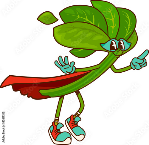 Cartoon groovy spinach vegetable retro superhero character. Isolated vector greenery brave warrior or defender super hero hippie personage in cape and mask. Funky y2k fairytale healthy vitamin food