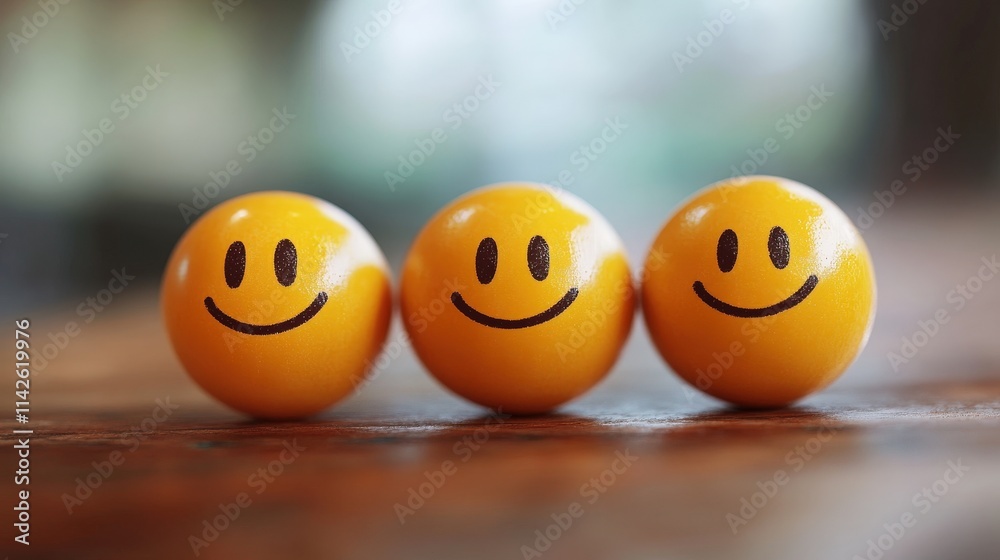 Three cheerful yellow smiley face balls arranged on a wooden surface with a blurred background, conveying happiness and positivity in a creative setting Three cheerful yellow smiley face balls arranged on a wooden surface with a blurred background, conveying happiness and positivity in a creative setting