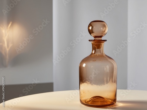 Amber glass bottle with moody backlight and reflection photo