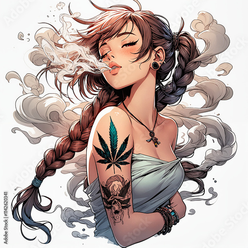 A playful girl with a braided hairstyle, blowing rings of marijuana smoke in the air, a cannabis leaf tattoo visible on her arm
