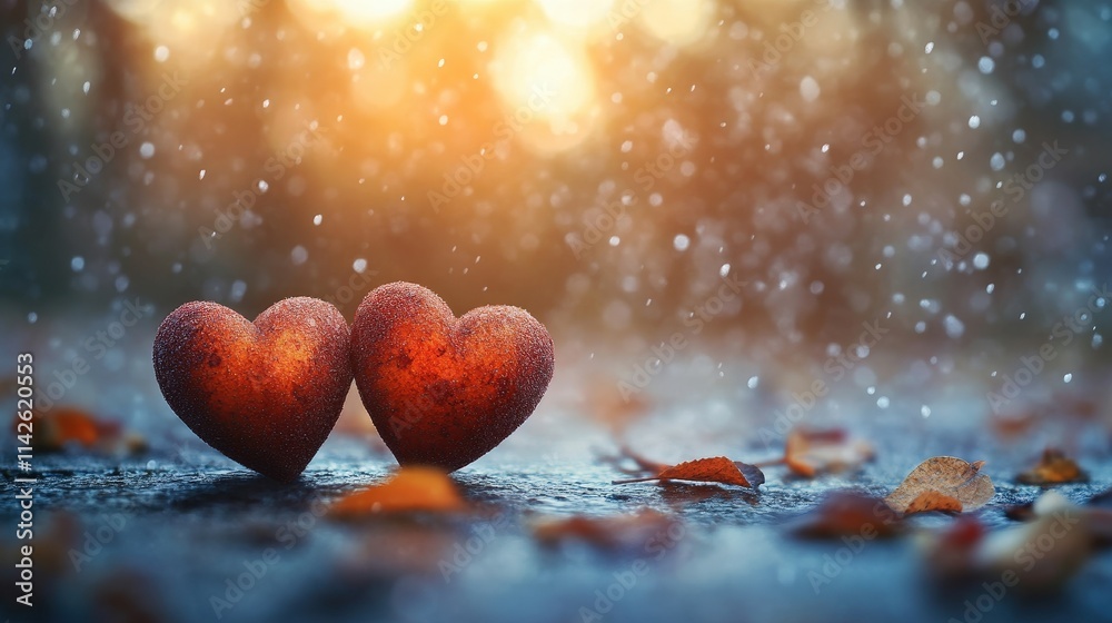 Romantic hearts intertwined under gentle rain, creating a serene and dreamy atmosphere with soft bokeh lights and autumn leaves in the background. Romantic hearts intertwined under gentle rain, creating a serene and dreamy atmosphere with soft bokeh lights and autumn leaves in the background.