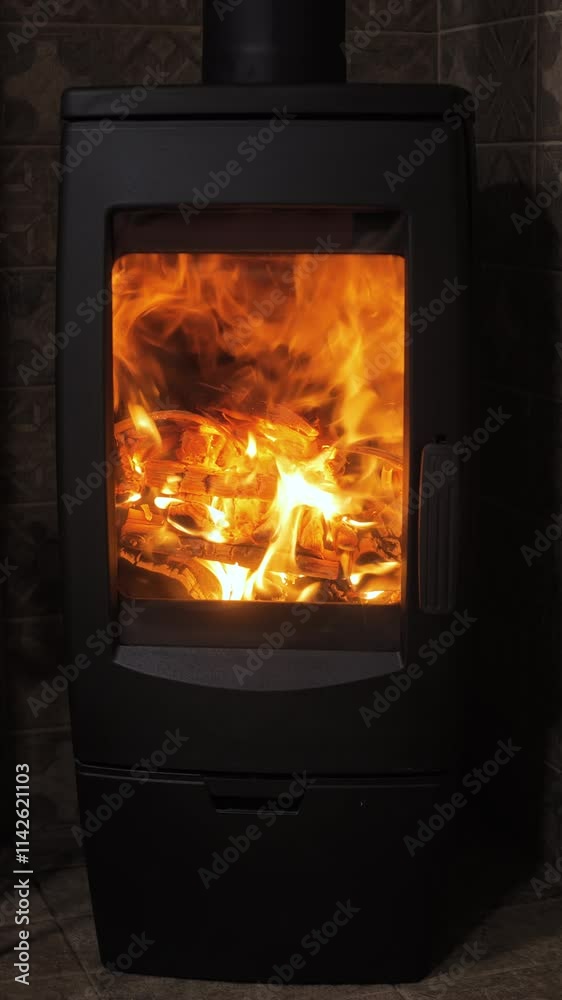 Embers dance in the warmth of a vertical fireplace, creating a cozy atmosphere perfect for winter evenings. The flickering flames illuminate the surrounding dark space. Vertical footage Embers dance in the warmth of a vertical fireplace, creating a cozy atmosphere perfect for winter evenings. The flickering flames illuminate the surrounding dark space. Vertical footage