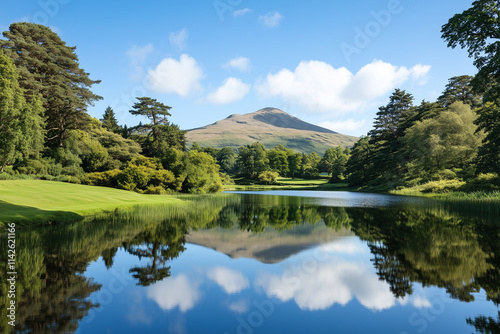 Explore the serene beauty of a tranquil lake reflecting lush greenery and a distant mountain on a clear sunny day