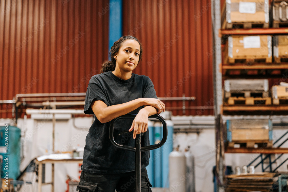 Portrait of female warehouse worker in uniform standing at manufacturing factory Portrait of female warehouse worker in uniform standing at manufacturing factory