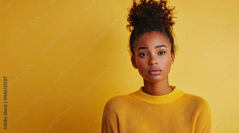 Young woman with afro hairstyle posing on yellow background Young woman with afro hairstyle posing on yellow background