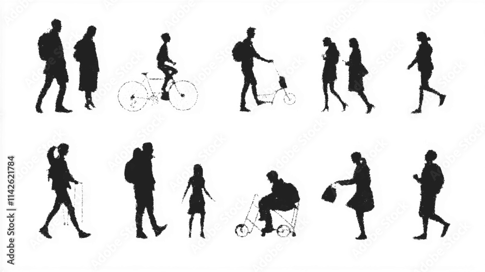 People silhouettes in urban settings, engaging in various outdoor activities. Vector icon People silhouettes in urban settings, engaging in various outdoor activities. Vector icon