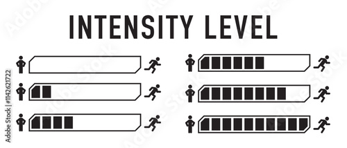 Activity intensity, progress scale, load levels, running, fitness, vector, silhouette.