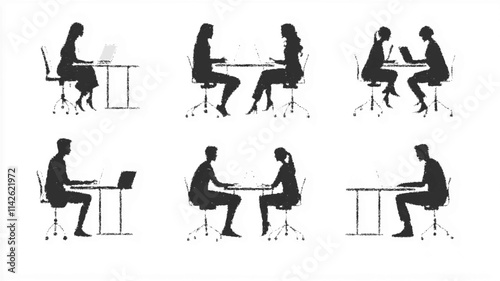 Silhouettes of people in various professional and casual settings, working together. Vector icon