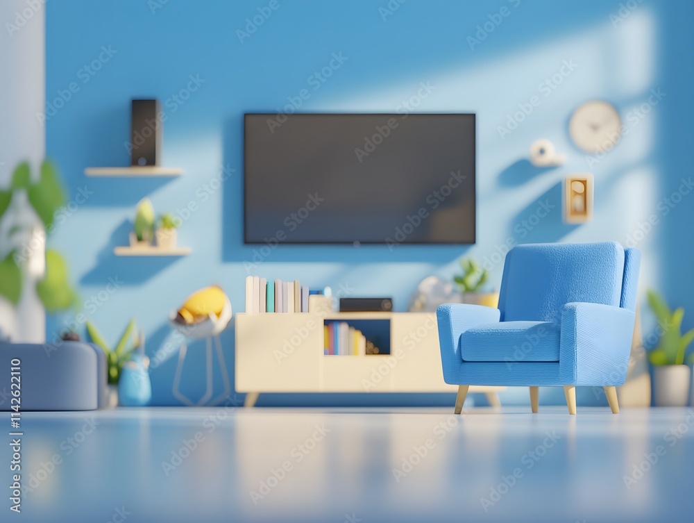 A modern living room featuring a blue chair, TV, shelves, and plants for a cozy atmosphere. A modern living room featuring a blue chair, TV, shelves, and plants for a cozy atmosphere.