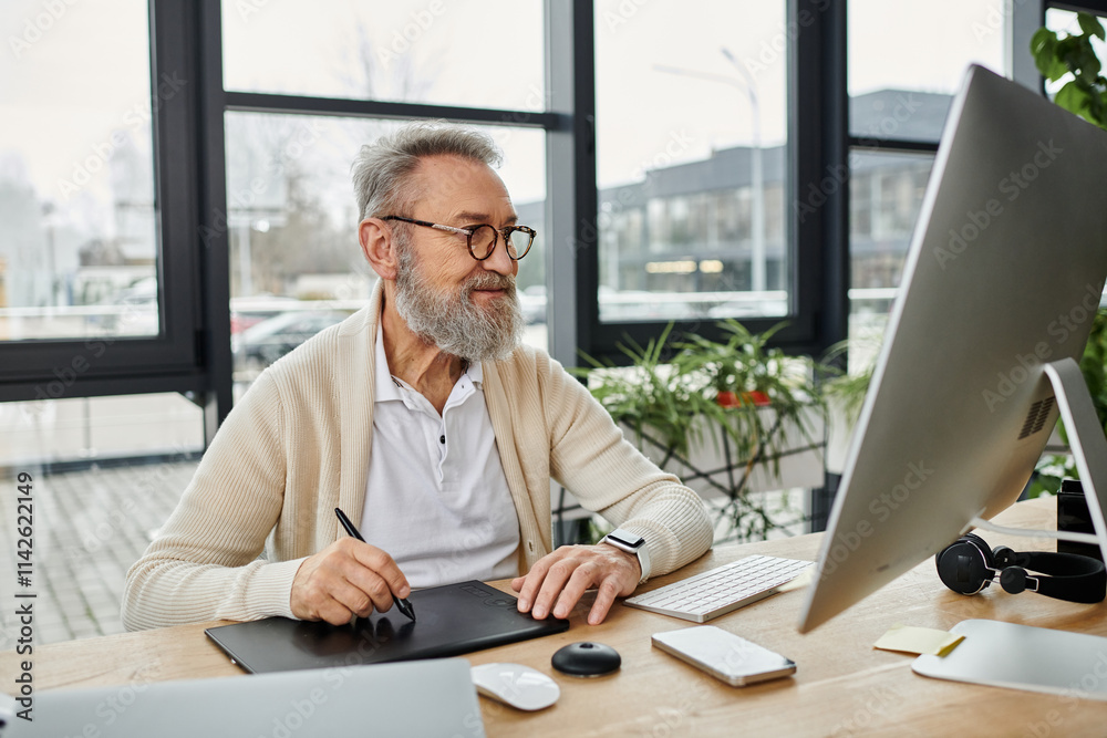 Mature man with glasses and gray beard is engaged in work at a contemporary desk. Mature man with glasses and gray beard is engaged in work at a contemporary desk.