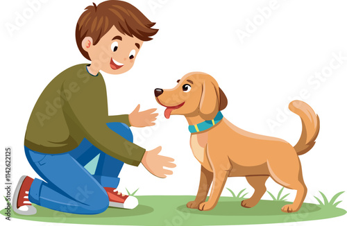 Kneeling boy interacting with happy golden retriever dog in park