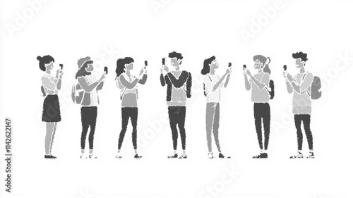 People using smartphones for taking pictures, talking, and texting. Vector icon style, studio style, white background