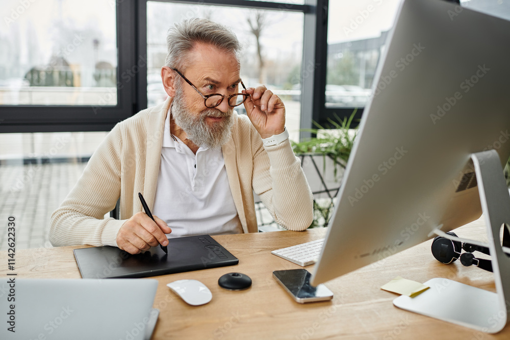A mature handsome man is focused on his tasks at a sleek workspace with natural light. A mature handsome man is focused on his tasks at a sleek workspace with natural light.