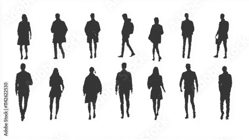 Rear view silhouettes of individuals walking and standing, suitable for cityscape designs. Vector icon