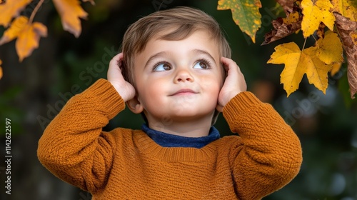 Autumn Wonder: A young boy, with a curious gaze, stands amidst the vibrant hues of fall foliage.  He holds his hands to his head, as if captivated by the beauty around him. photo