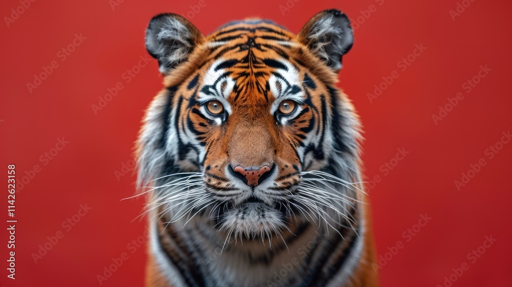 Intense Gaze: A Portrait of a Majestic Tiger Against a Vibrant Red Backdrop Intense Gaze: A Portrait of a Majestic Tiger Against a Vibrant Red Backdrop