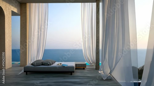 Soothing sea view terrace with white sheer linen curtains and cushions creates a peaceful retreat outdoorwith ocean view photo