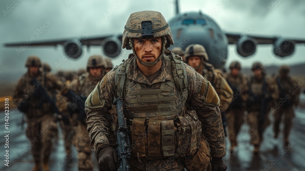 Fototapeta premium Soldiers advancing on a military airstrip.