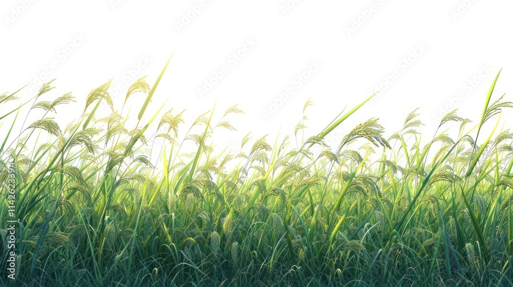 Obraz premium Green Grass Blades Swaying Gently in the Breeze Against a Bright White Backdrop