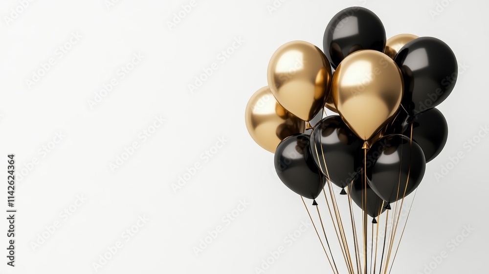 group of gold and black colored balloons isolated on white or transparent png. copy text space.