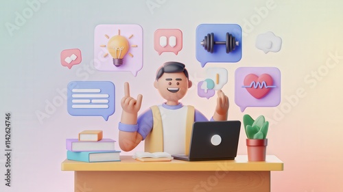 Cheerful person at desk with laptop surrounded by colorful icons