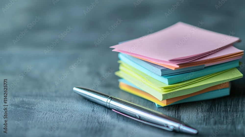 A stack of colorful sticky notes in pastel shades, arranged neatly with a sharp pen beside it A stack of colorful sticky notes in pastel shades, arranged neatly with a sharp pen beside it