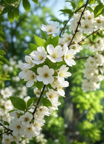 Fresh white cherry flowers blooming brightly against a vibrant green leafy background, plant, Botanical, macro