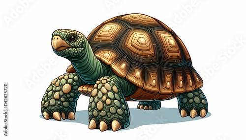 Colorful ploughshare tortoise in a stylized illustration, showcasing intricate shell patterns.