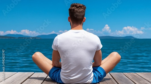 Finding Peace in the Ocean: A man sits in serene meditation on a wooden pier overlooking a vast ocean. The tranquil scene captures the calming energy of nature and the allure of mindfulness. 