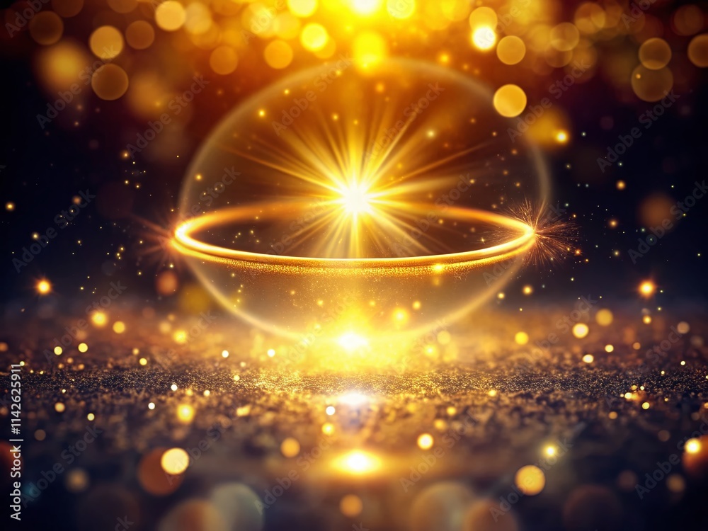Obraz premium Golden Halo Bokeh Photography: Celestial Light Effects, Abstract Backgrounds, Spiritual Aura, Blurred Lights, Shiny Gold, Heavenly Glow, Mystical Images