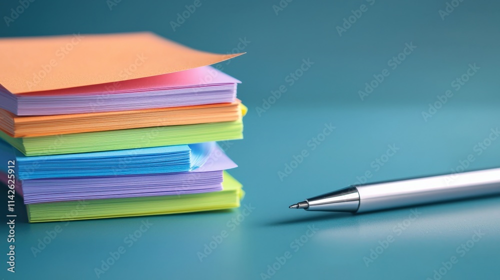 A stack of colorful sticky notes in pastel shades, arranged neatly with a sharp pen beside it A stack of colorful sticky notes in pastel shades, arranged neatly with a sharp pen beside it