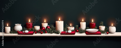 Christmas feast, Elegant arrangement of lit candles, festive decor, and holiday accents on a wooden shelf creating a warm and inviting atmosphere.