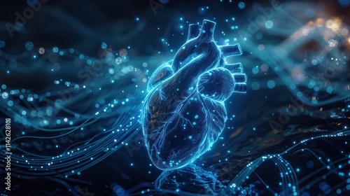 Glowing Blue Human Heart with Digital Network Connections: A Futuristic Medical Visualization