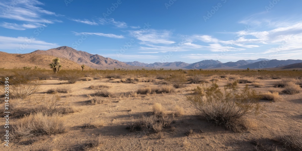 A vast desert landscape featuring rugged mountains and blue skies, portraying an arid, timeless beauty. A vast desert landscape featuring rugged mountains and blue skies, portraying an arid, timeless beauty.