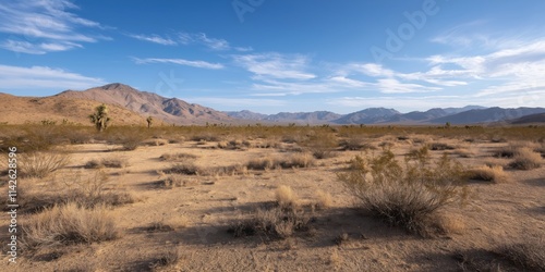A vast desert landscape featuring rugged mountains and blue skies, portraying an arid, timeless beauty.
