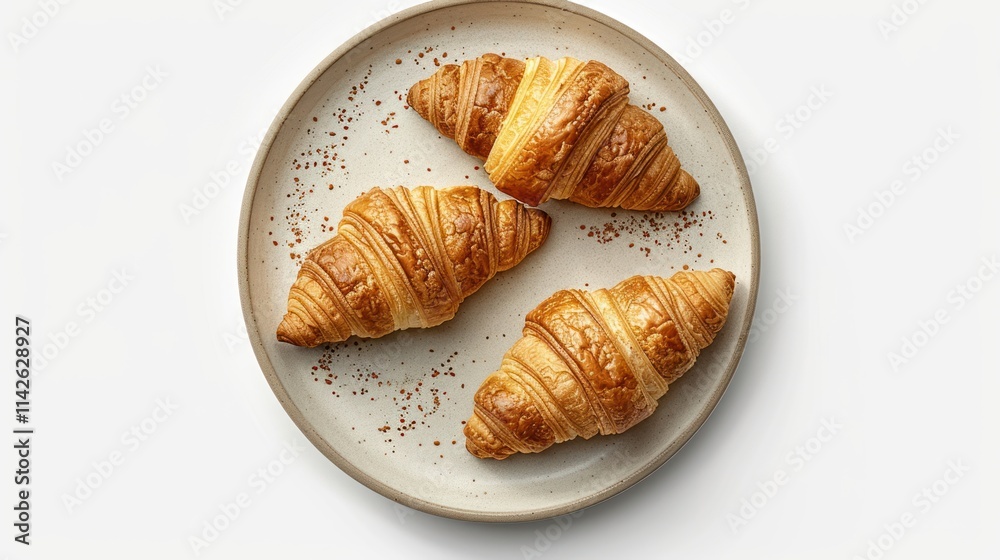 Three Freshly Baked Croissants on a Plate: A Top-Down View of Golden Brown Perfection Three Freshly Baked Croissants on a Plate: A Top-Down View of Golden Brown Perfection