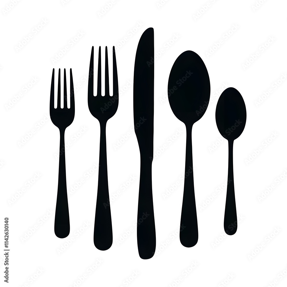 Logo icon silhouette of a cutlery set with a fork, knife, and spoon. Logo icon silhouette of a cutlery set with a fork, knife, and spoon.