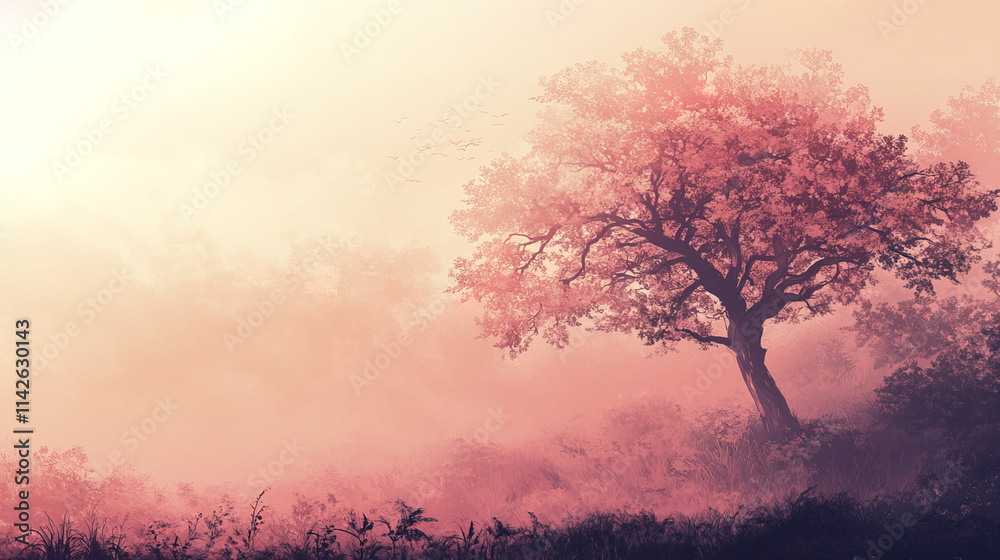 serene landscape featuring pink tree in misty environment serene landscape featuring pink tree in misty environment