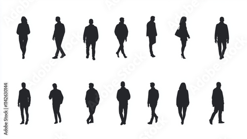 Aerial perspective showing walking and standing people in minimalist silhouettes. Vector icon