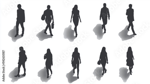 Aerial perspective showing walking and standing people in minimalist silhouettes. Vector icon