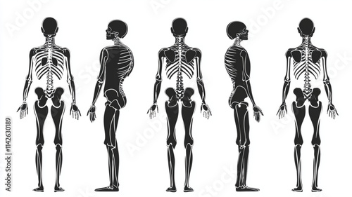 Anatomical human skeleton in simplified silhouette form for educational or design use. Vector icon