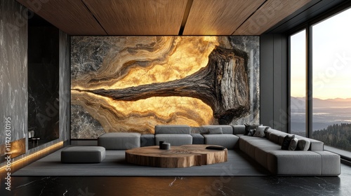 Modern living room with backlit onyx wall art, gray sectional sofa, wooden coffee table, and mountain view.