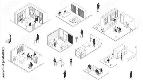 Architectural vector drawings featuring top-down views of people in layouts
