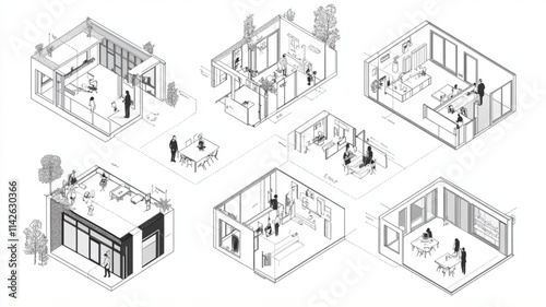 Architectural vector drawings featuring top-down views of people in layouts