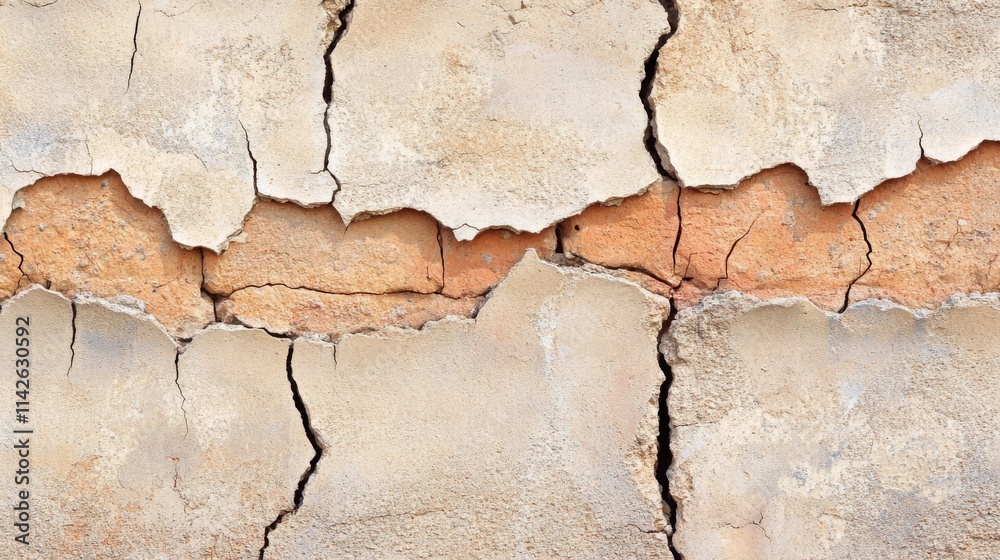 Fototapeta premium Cracked Plaster Reveals Underlying Brick Wall