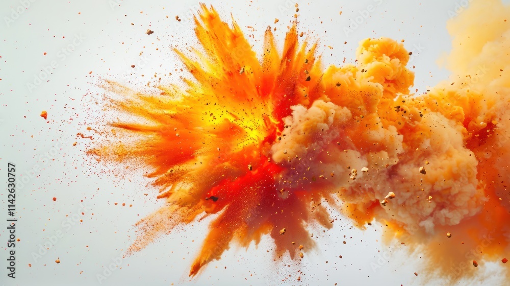 Explosion of Orange and Red Powder Paint and Particles on White Background Explosion of Orange and Red Powder Paint and Particles on White Background