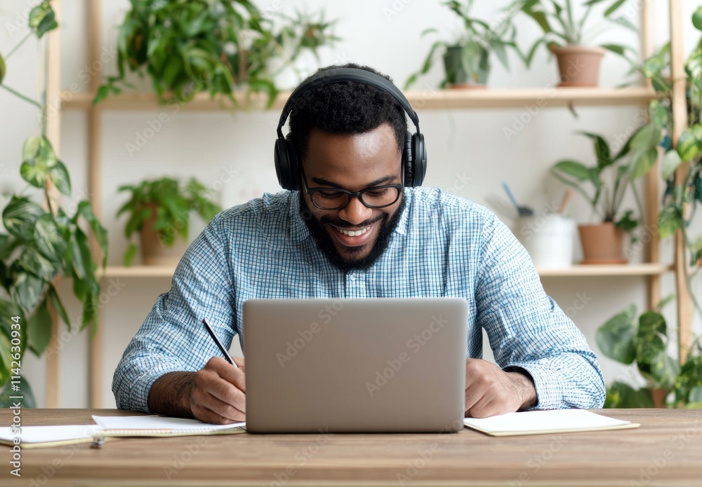 Young man working on laptop with headphones in cozy indoor setting Young man working on laptop with headphones in cozy indoor setting