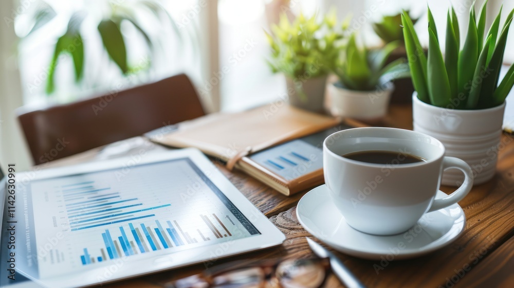 Morning Coffee and Business Analytics: A Serene Workspace Scene Morning Coffee and Business Analytics: A Serene Workspace Scene
