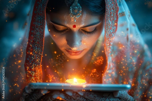 Indian Woman Embraces Digital Worship with Traditional Ceremony and Glowing Visuals photo