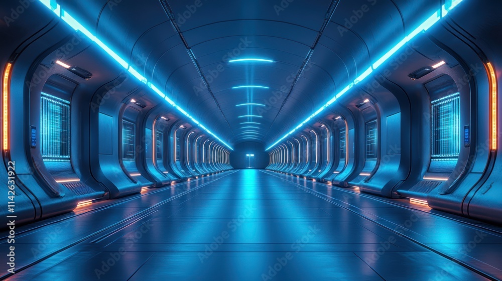 Fototapeta premium Futuristic spaceship corridor with glowing blue and orange lights.